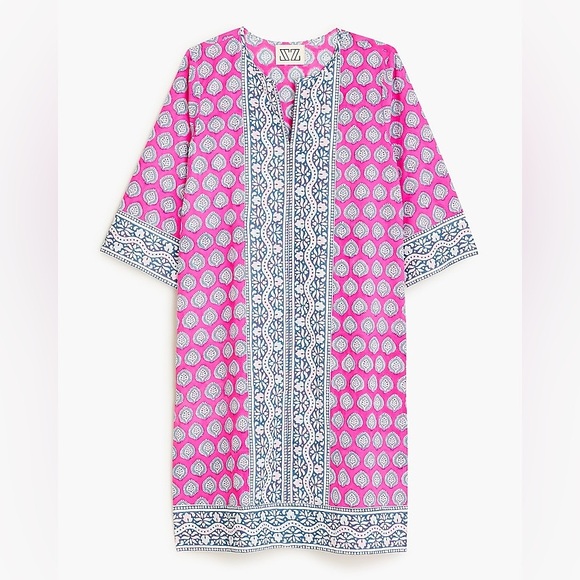 SZ Blockprints Tunic Dress in Bagru Print Pink Blue Women's Size Medium - Picture 1 of 6